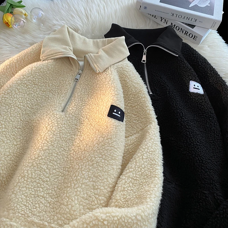 

Мужская утепленная толстовка из овечьего флиса с подкладкой, свободный повседневный свитшот из овечьего меха для осени и зимы, уличный стиль