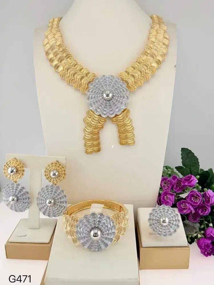New Arrival Three Tone Flower Shape Italian Jewelry Popular Fine llaveros Collar Pulseras pin Pendient tentacles Anillos 4PC Set