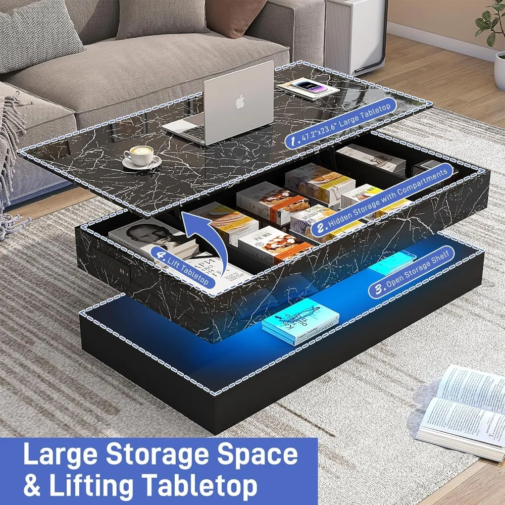 Modern LED-lit Lift Top Coffee Table with Charging Station and Hidden Storage, High Glossy Center Table for Contemporary Living