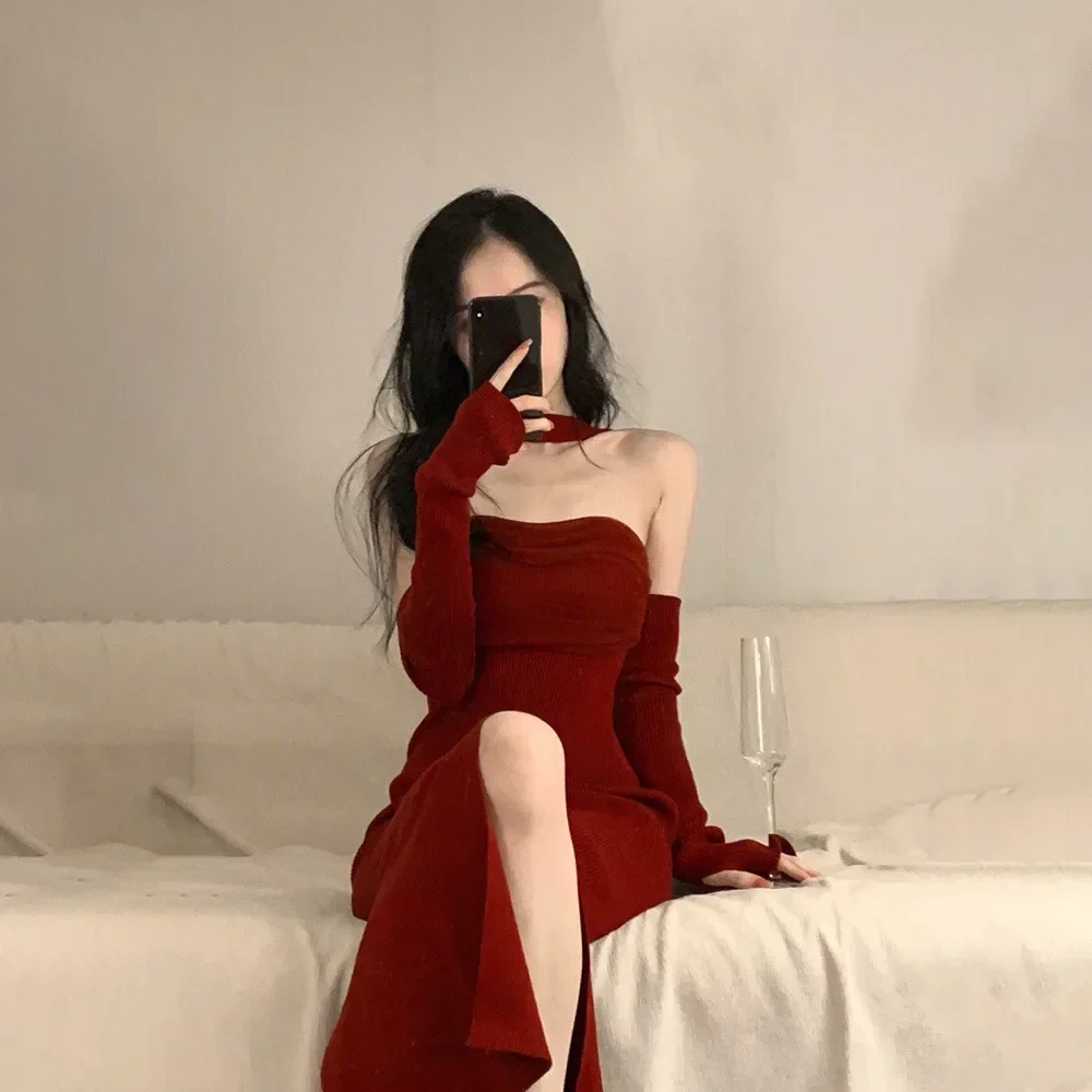 Robe fendue dos nu en fibre pour femme, Slim Fit, Robe de soirée rétro, Élégante, Rouge, Monochromatique, Sexy, Fit, Fit, Spill, Y2k