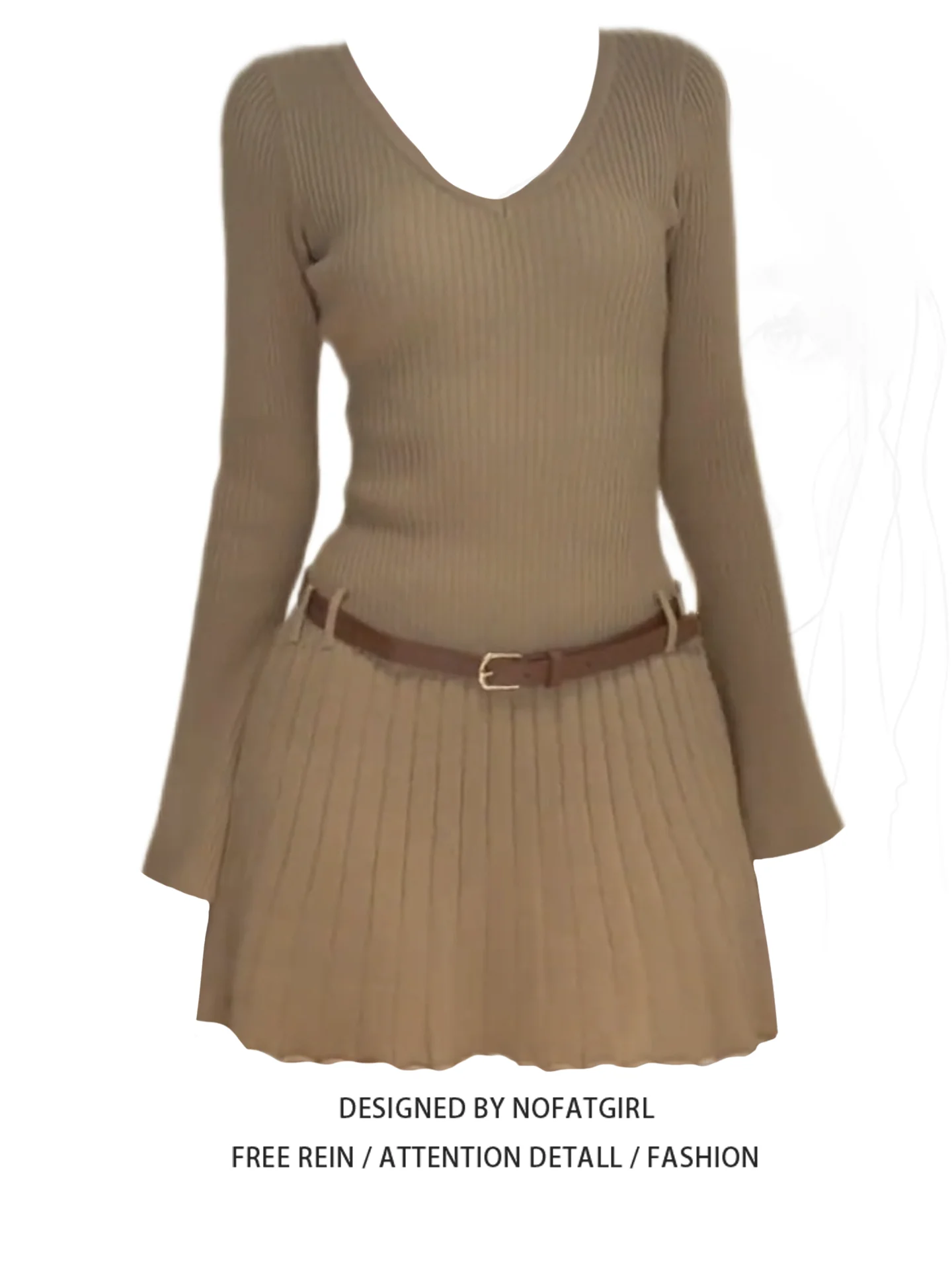 

Женское трикотажное платье больших размеров с V-образным вырезом и длинными рукавами, повседневное, с плиссированной короткой юбкой, эффект похудения, осенняя мода