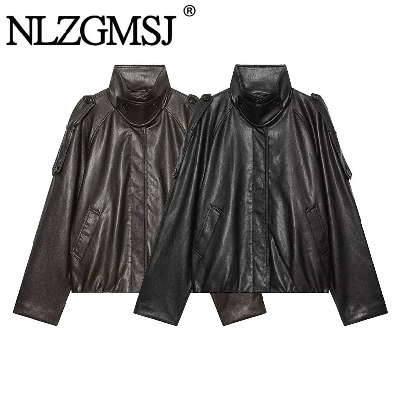 Nlzgmsj 2026 Autumn Women Stand Collar Faux Leather Jacket Loose Long Sleeve Solid Color Streetwear Casual PU Coat