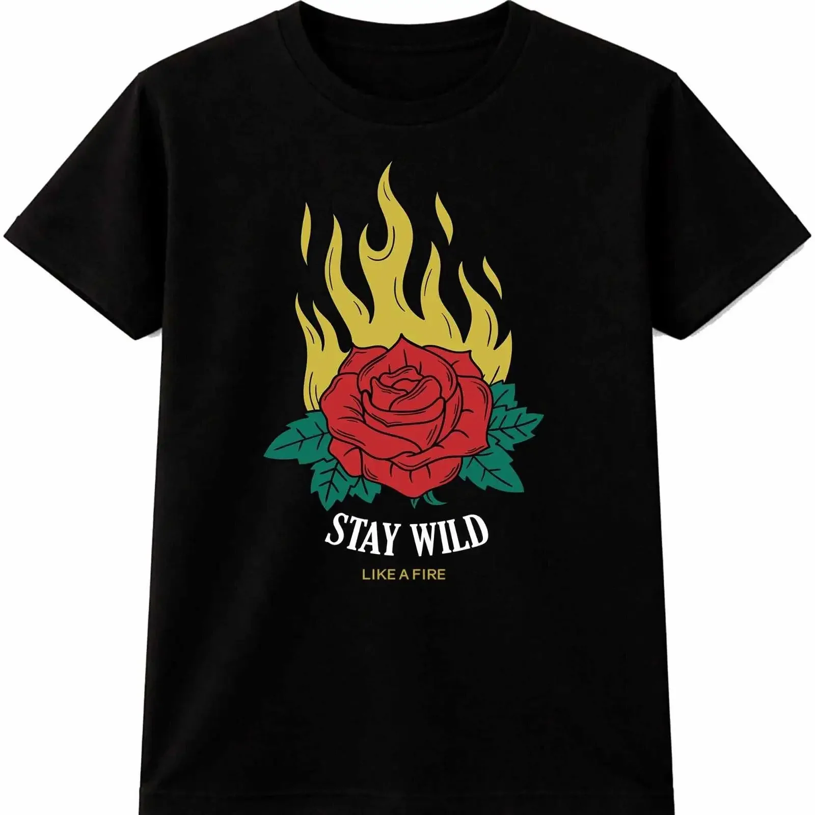 Camiseta Gráfica com Estampa de Tatuagem de Chamas Rosa, Estilo Stay Wild Fire, Floral, Biker, Rebelde, Gótico, Vintage, Lavada, Elástica e Macia