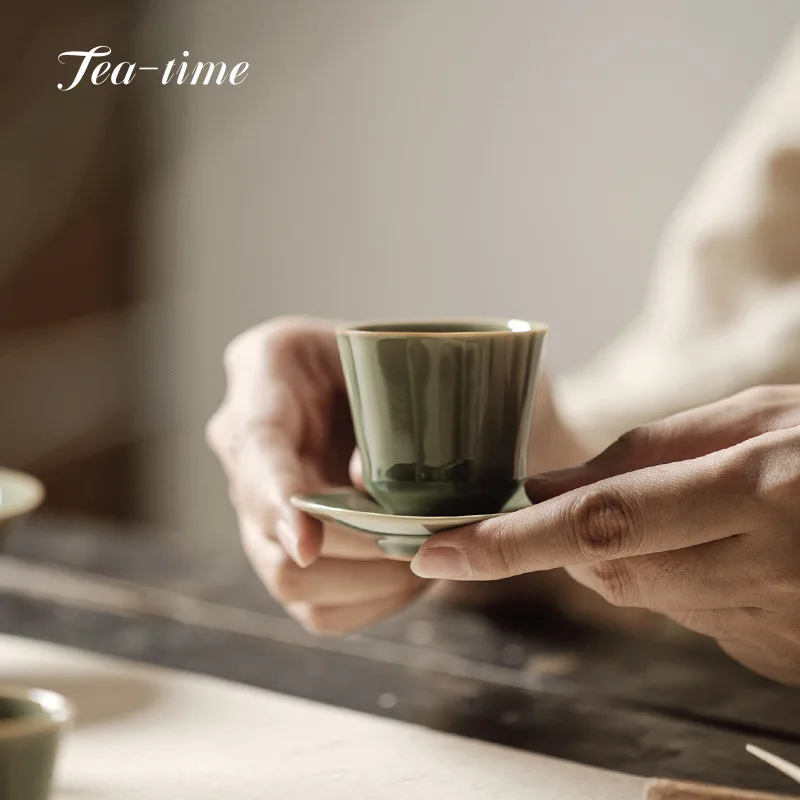 40ml Boutique Yue Kiln Celadon Sunflower Mouth Teacup with Saucer Set Handmade Ceramic Master Cup Chazhan Customize Teaware Gift