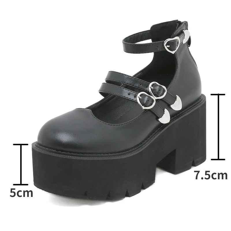 Scarpe con plateau tacchi grossi neri per donna fibbia a cuore scarpe Lolita gotiche punta tonda Mary Janes décolleté Cosplay donna taglia 43