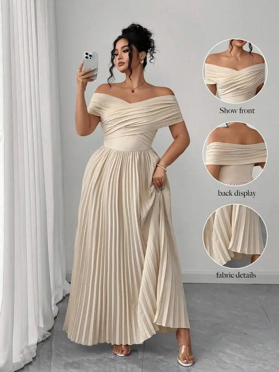 

Off-Shoulder Ruched Waist Pleated Maxi Dress for Women, Elegant Summer Formal Dress