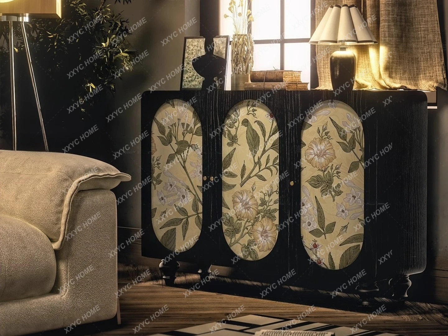 

Многофункциональный боковой шкаф с цветочным принтом для гостиной, декоративный шкафчик из ясеня