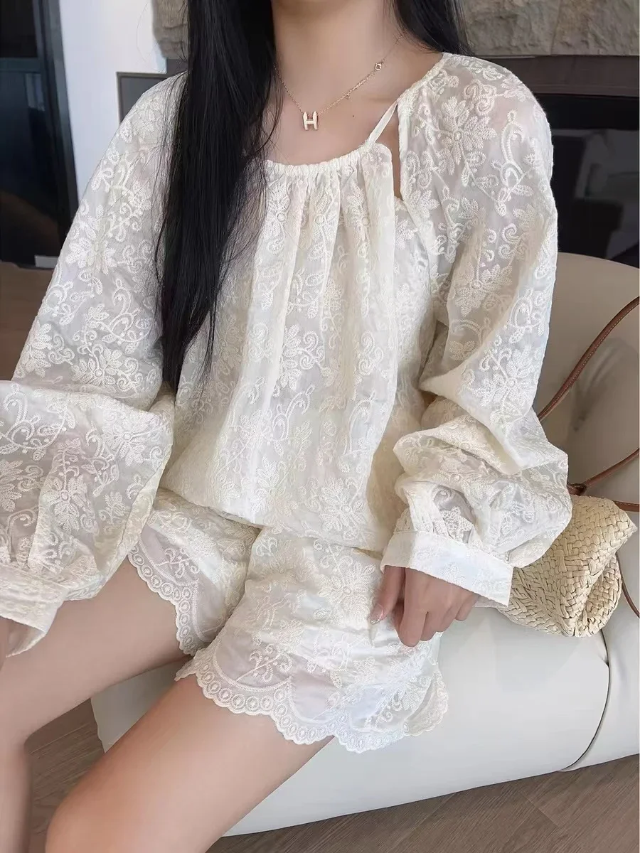 2024 Summer Embroidered Long Sleeve Blouse and Shorts for Women Two Piece Set 80835