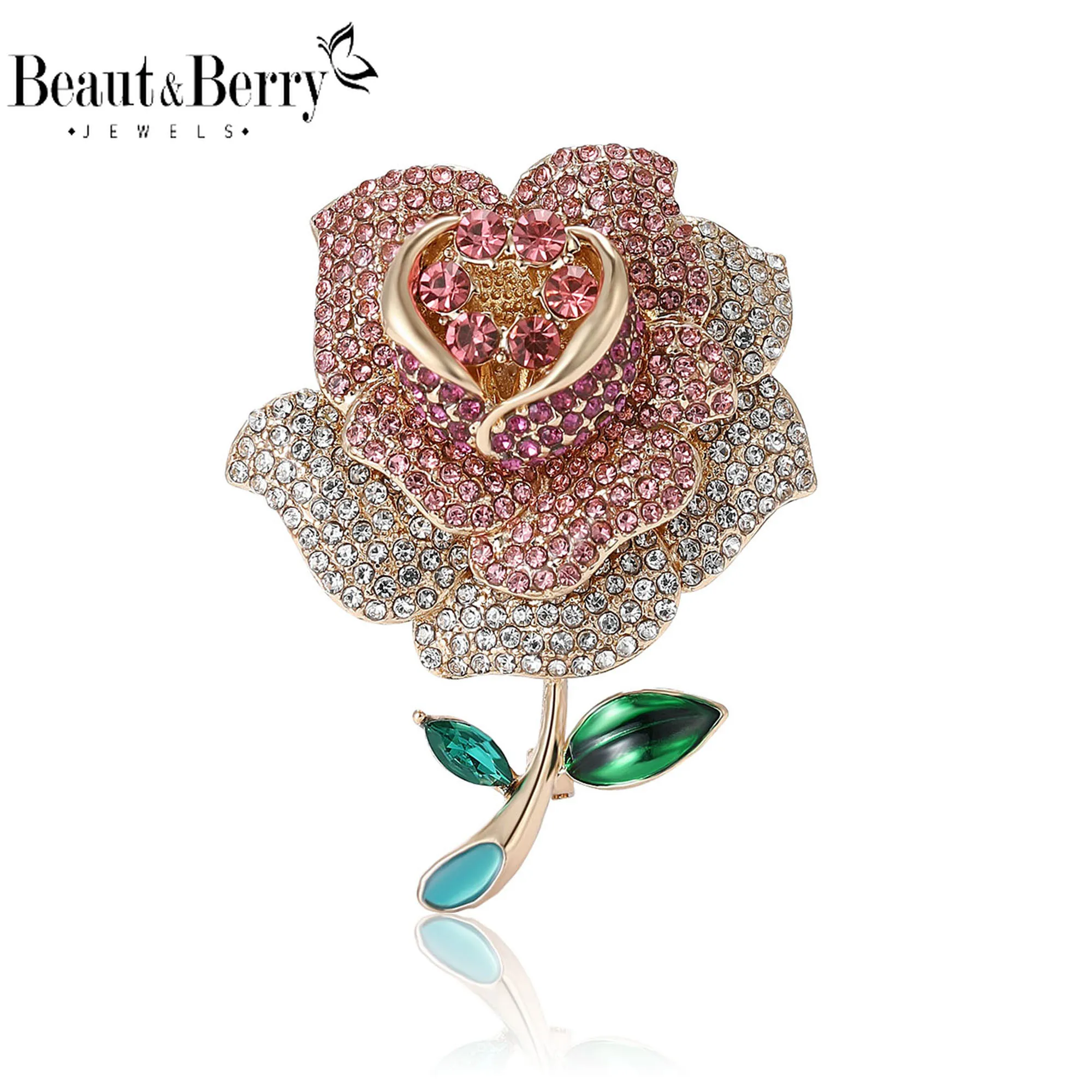 Beaut&Berry Classic Rhinestone Rose Flower Brooches for Women Plant Pins Friends Party Gifts Banquet Jewellery Accessories