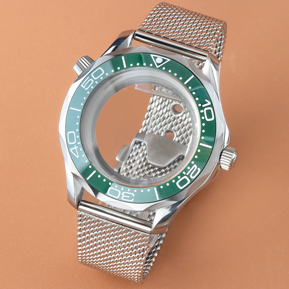 

NH35 41mm Watch Case With Mesh Strap Bracelet 10ATM Waterproof For Seamaster 300 NH35 NH36 Movement Stainless Steel Watch Parts