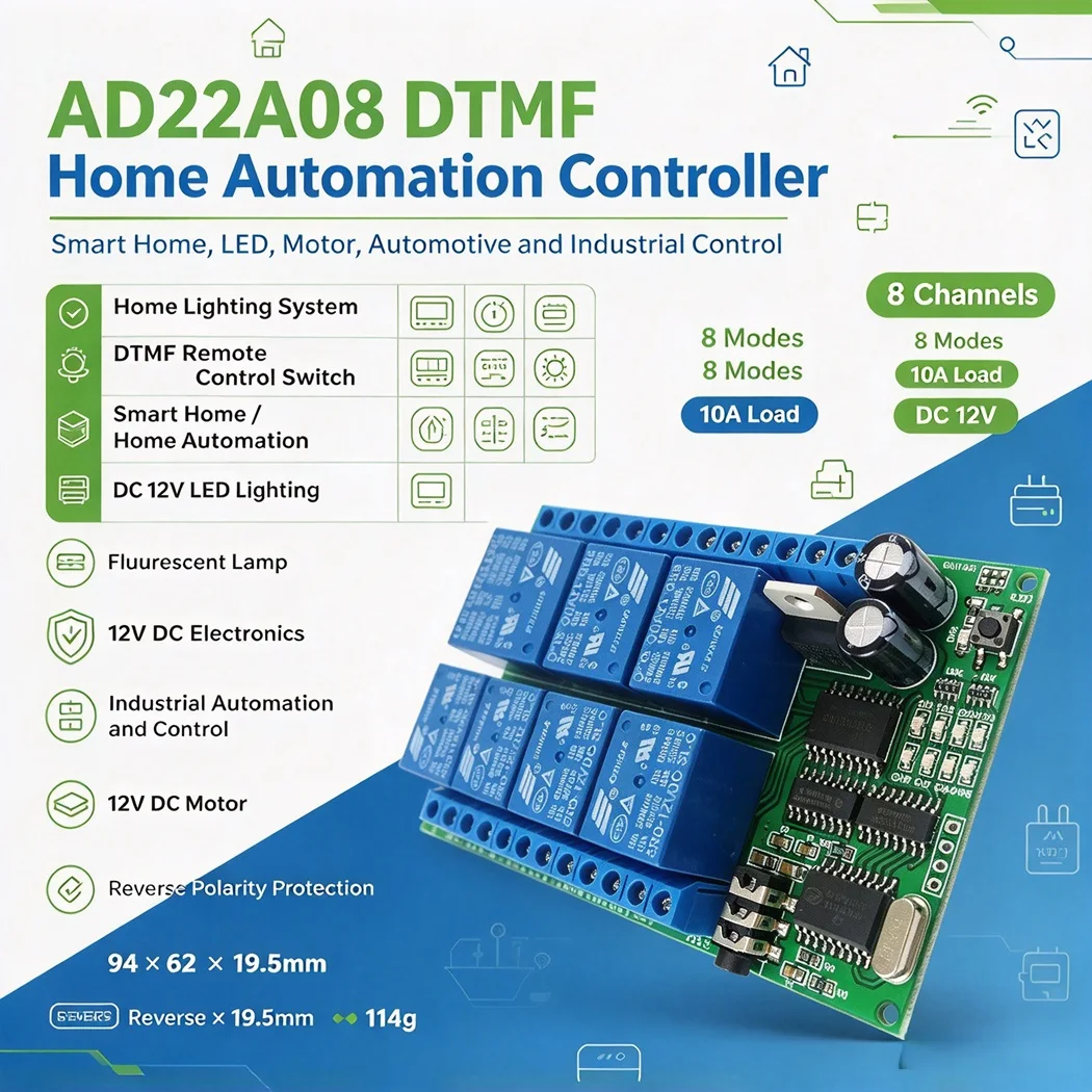 AD22A08 8CH DTMF Relay Module DC12V MT8870 Decoder Momentary Toggle Latch Delay 10A Remote Switch for Smart Home LED Motor