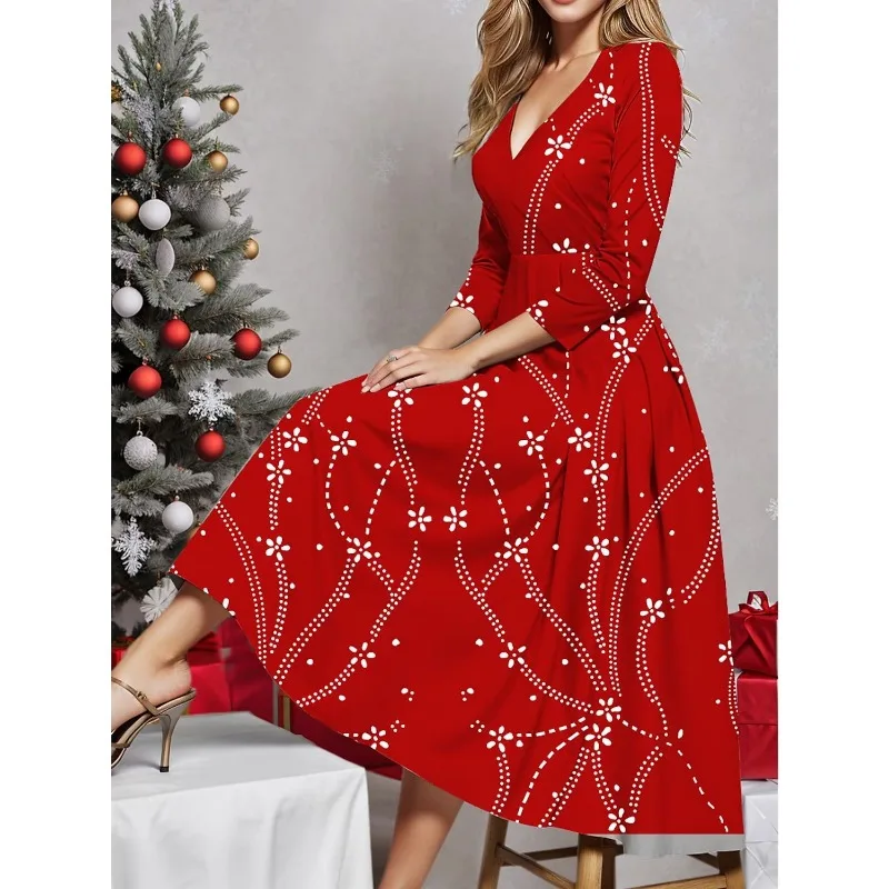 Vestido de Natal feminino estampado floco de neve, cintura alta vestido elegante, temperamento, pendulares, moda inverno, casual