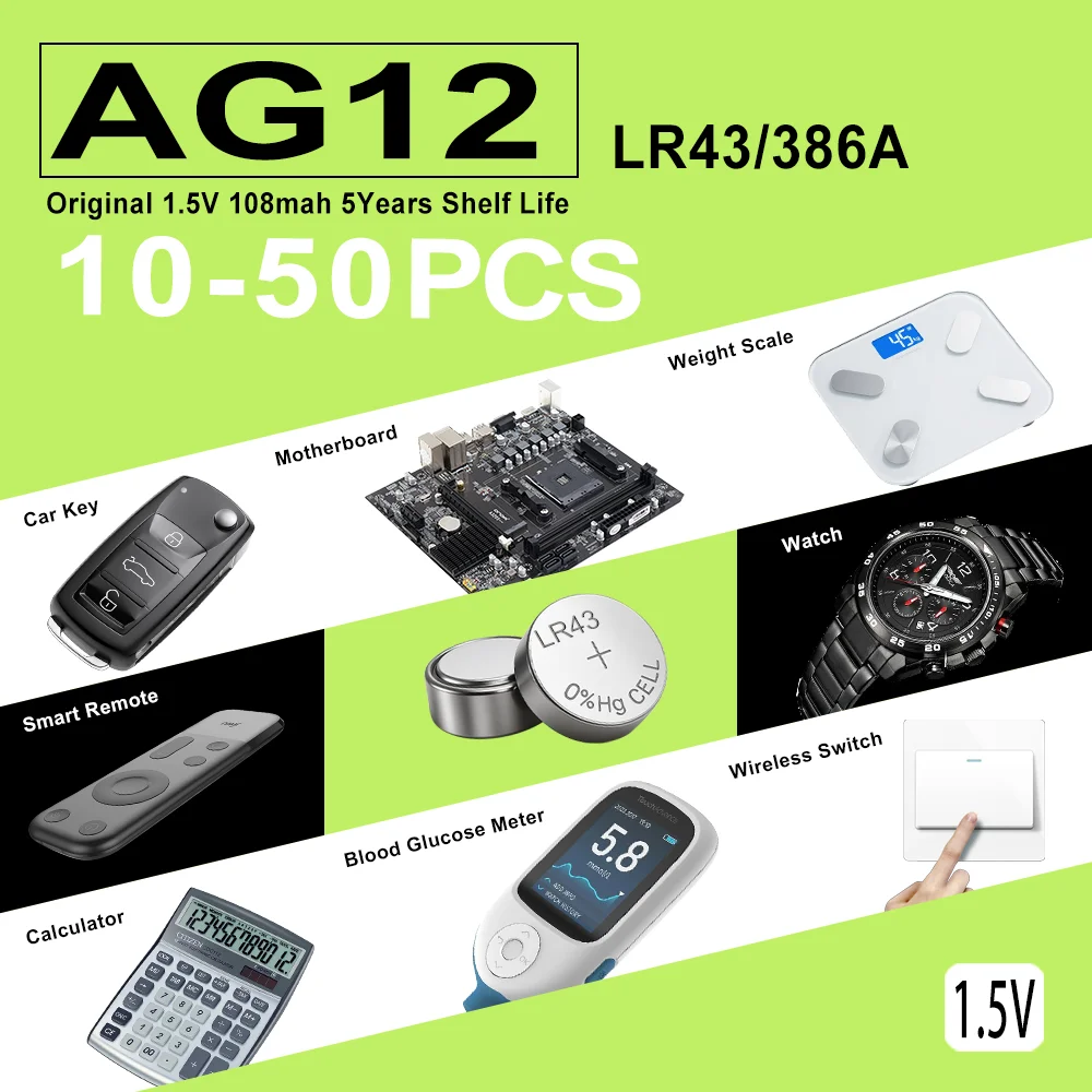 10-50PCS LR43 AG12 LR43 386A SR43 186 1.5V Lithium Manganese Dioxide Button Battery, Suitable for Calculators, Watches