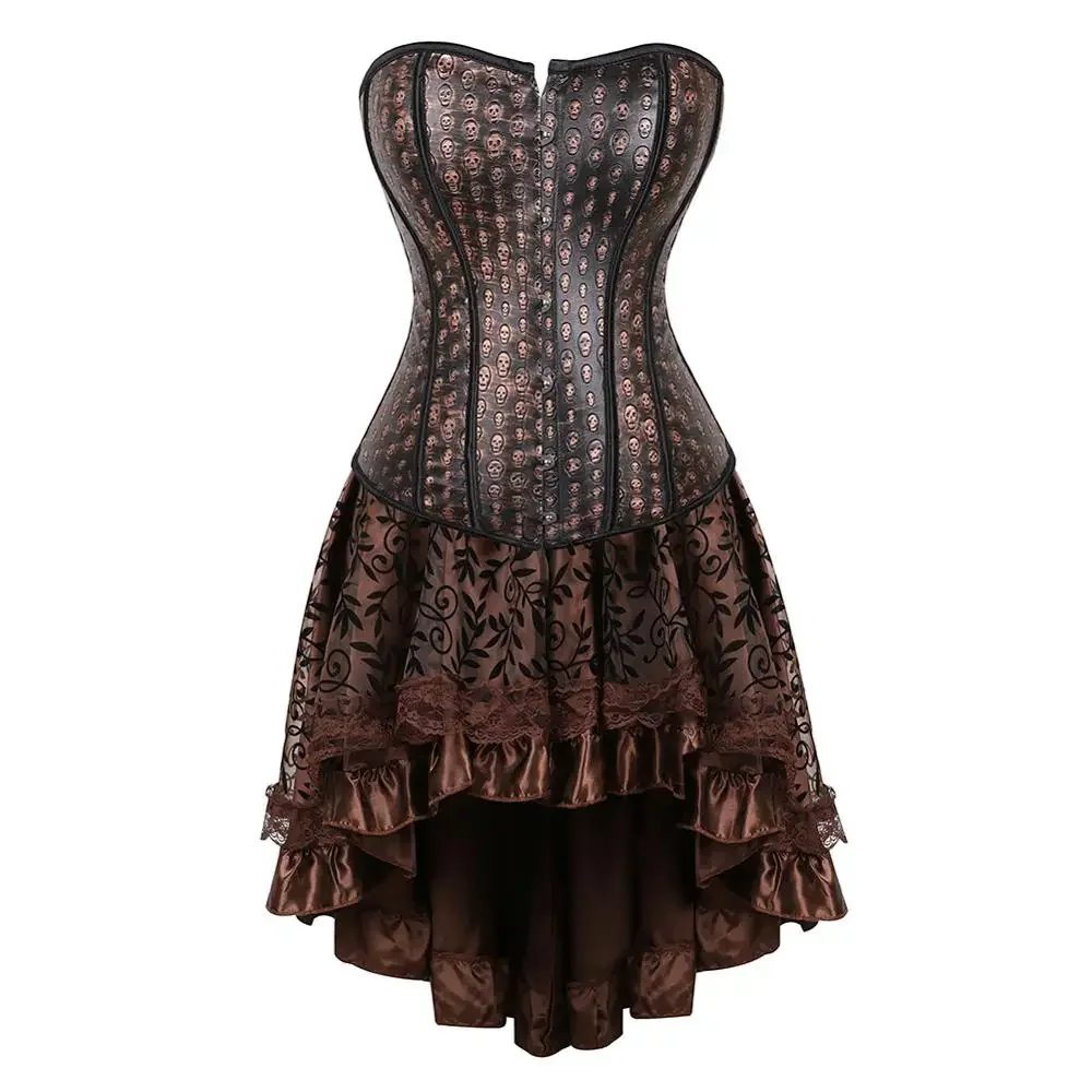 

Medieval Steampunk Corset Dress Leather Skull Bustier Skirt Masquerade Party Dresses Pirate Female with Lacing Punk Rock Korsage