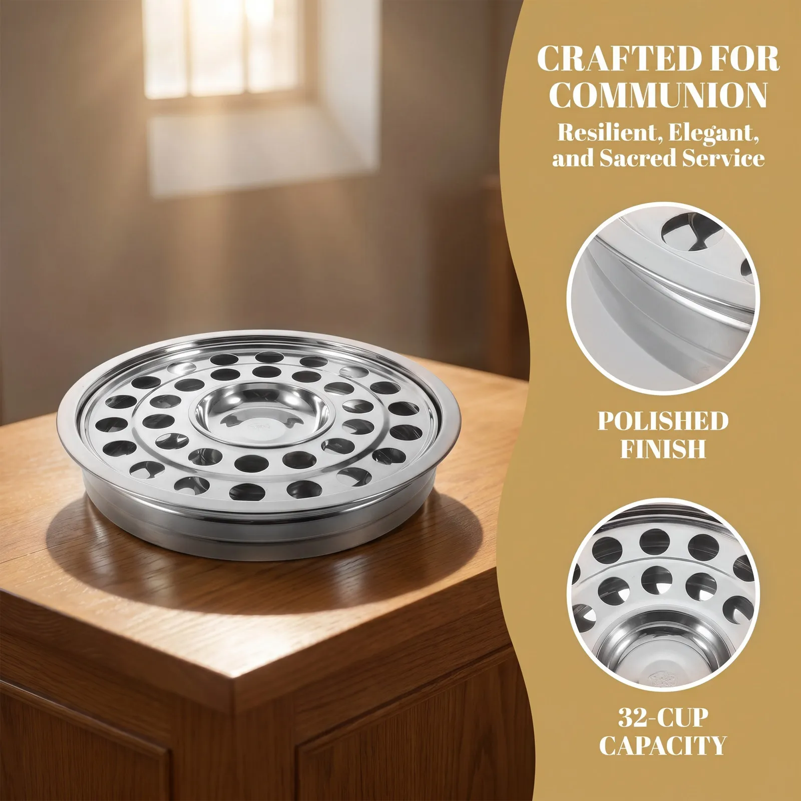 Stainless Steel Communion Serving Tray 32 Cup Capacity Portable Round Platter for Church Worship Chapel Religious Ceremony