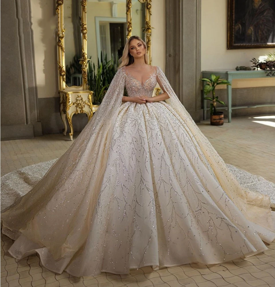 Luxury Sequins Beading Princess Wedding Dresses Rhinestone Cape Sleeves Bride Ball Gowns Vestidos De Novia