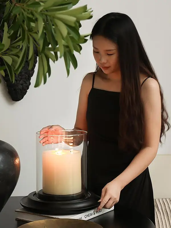 

Large wabi candlestick solid wood glass cover multi-core candle French restaurant wedding romantic atmosphere ornament