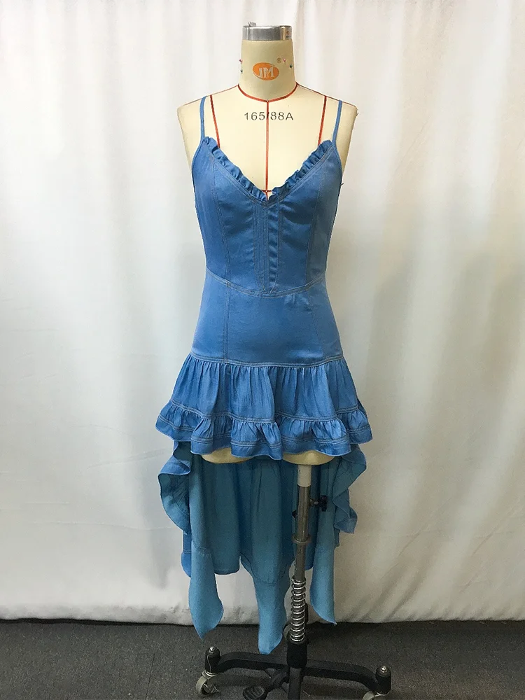 Spaghetti Strap Irregular Ruffle Sexy Long Dress Women Fashion V Neck Sleeveless Backless Slim Fit A-line Holiday Party Dresses