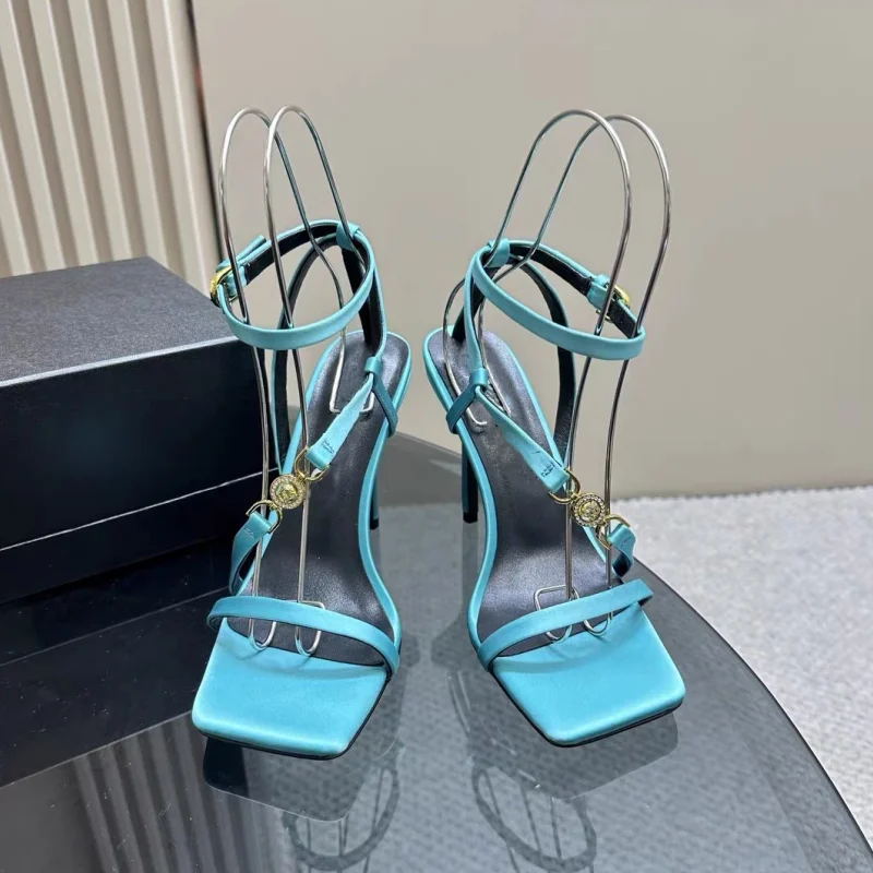 Square Head Metal Decoration/Cross Strap Buckle Candy Colored Banquet Sandals 2024 New Rhinestone Slim High Heels Sexy Sandals