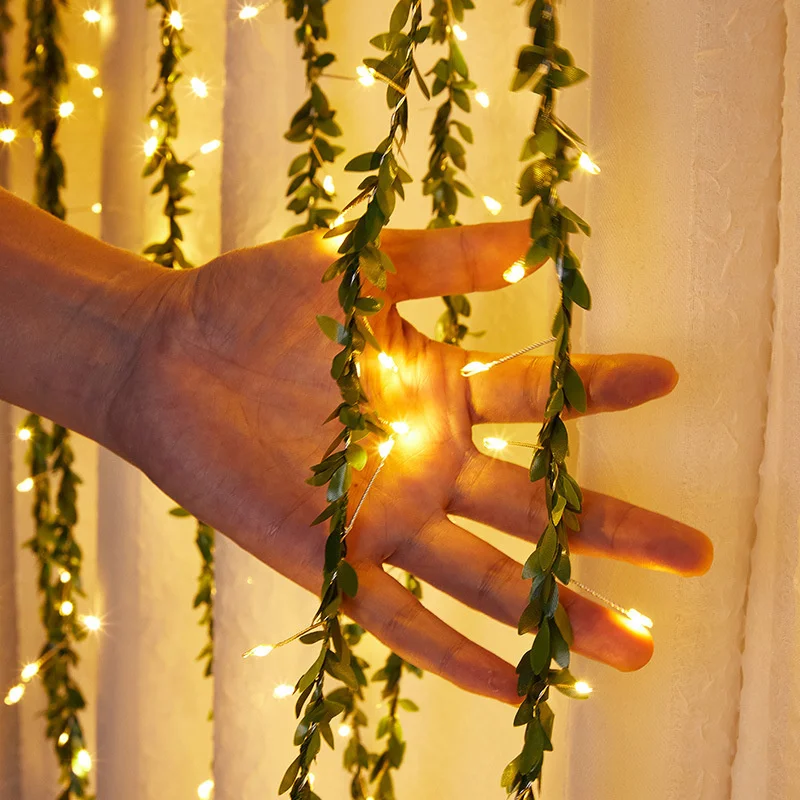 Artificial Green Leaf String Lights AA Battery Powered Simulation Flower Greenery LED Light Weeding Room Indoor Wall Decoration view 4