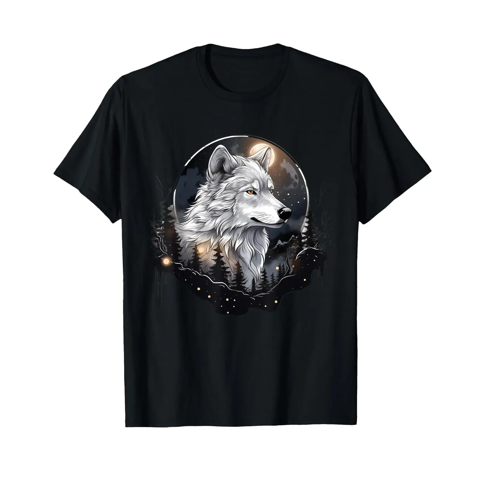 Enchanted White Wolf Moon Night Forest T Shirt for Adults Kids Classic  Black Casual vintage Washed Comfortable streetwear