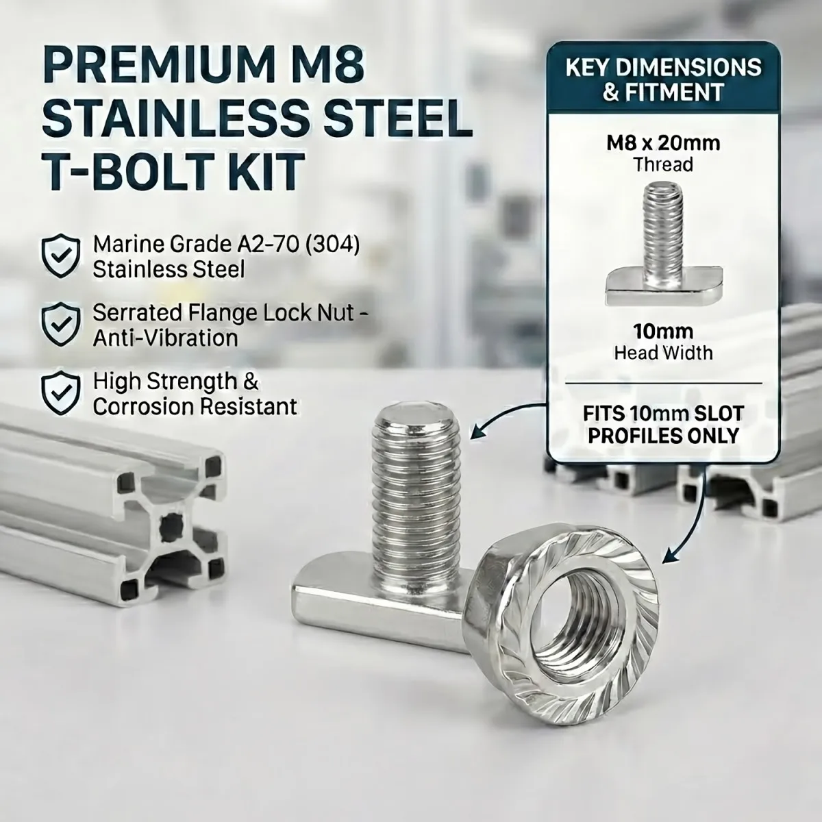 M8 Stainless Steel T-Shaped Screw Set, 304 Stainless Steel Square Head T-Shaped Groove Bolt with anti Loosening Flange Nut