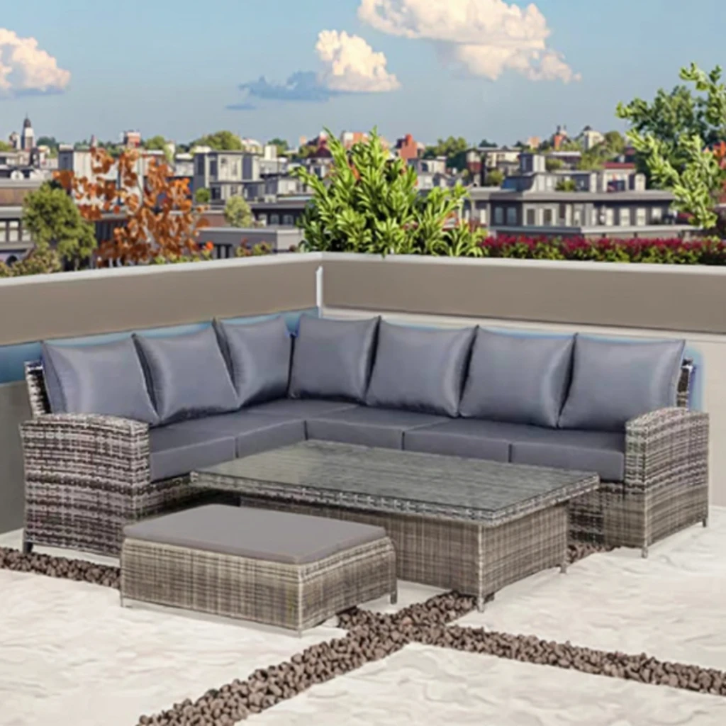 طقم أريكة فناء مقاوم للماء PE الخوص الروطان الاقسام أثاث خارجي اليدوية الألومنيوم المعاصر حديقة طقم أريكة من الخيزران