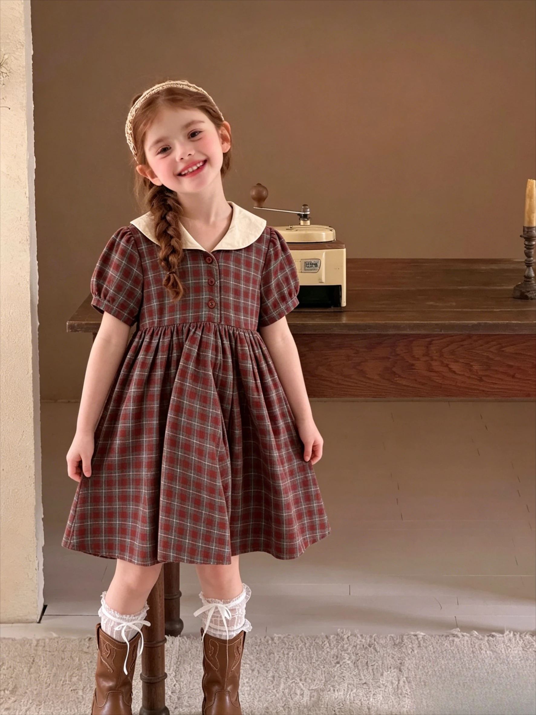 

Plaid Dress Summer New Korean Fashionable Cute Sweet Doll Collar Short Sleeved Plaid Princess Dress Kids Clothes