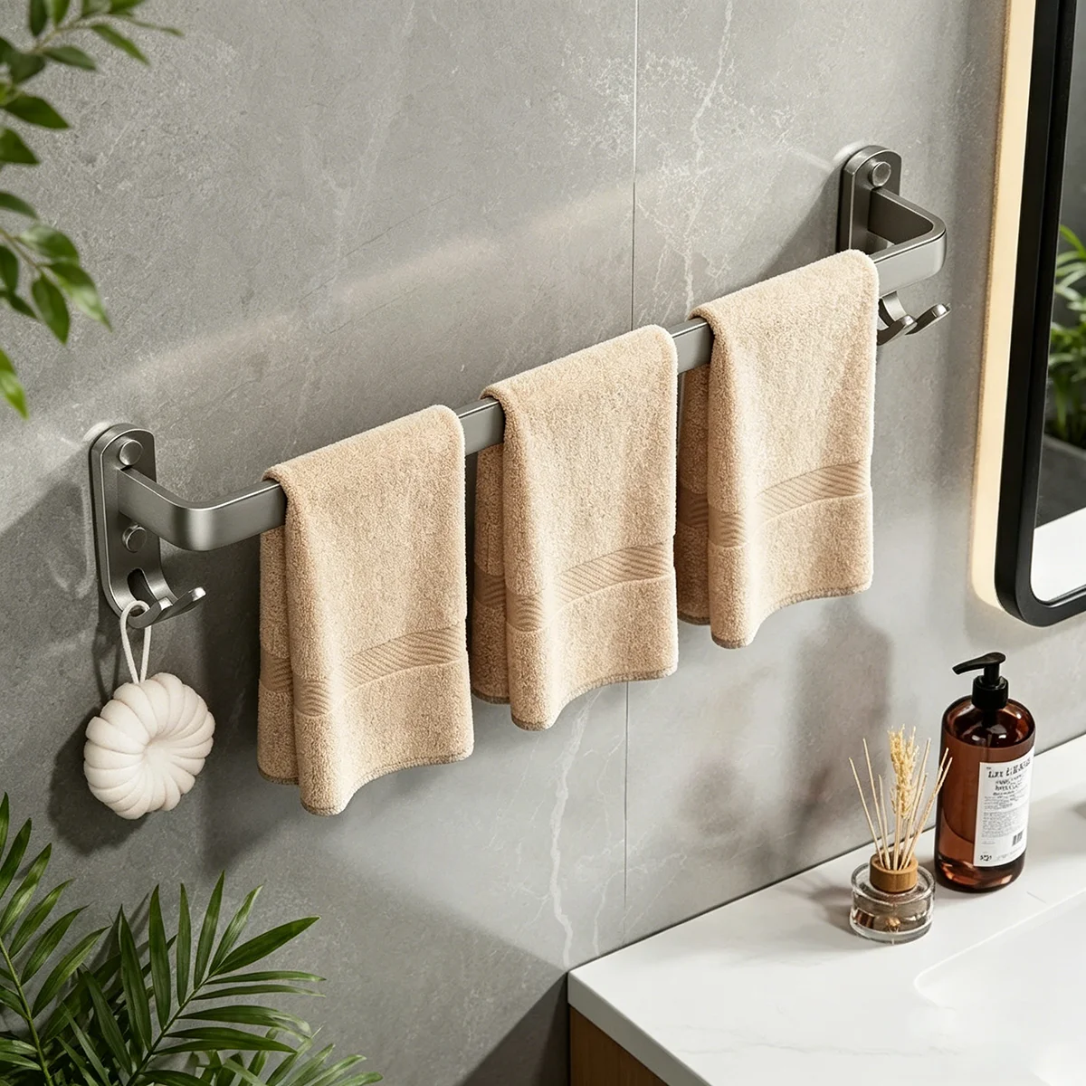 Gun Gray Space Aluminum Towel Bar with Hooks, Wall Mounted Towel Rack for Bathroom Storage