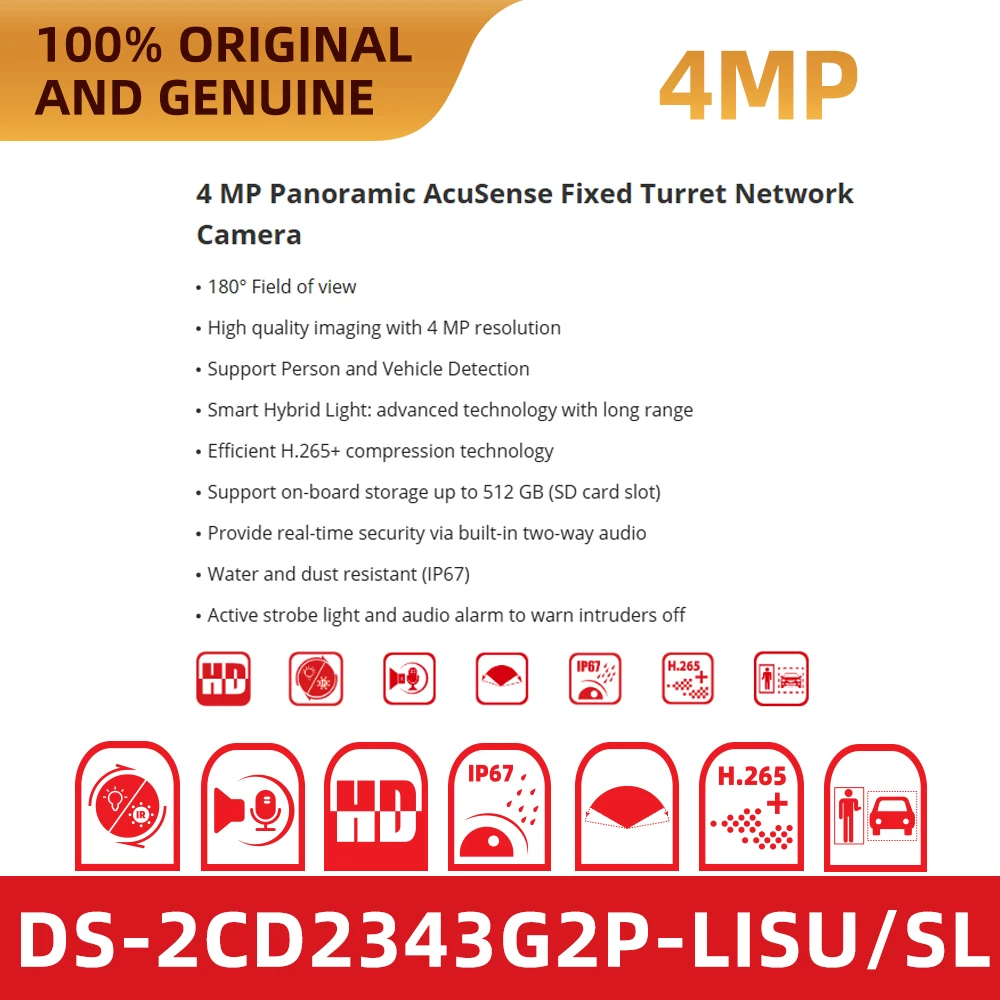 

Original Hikvision DS-2CD2343G2P-LISU/SL 4MP 180° Panoramic Camera White Flash Alarm Two-Way Audio PoE IP Camera
