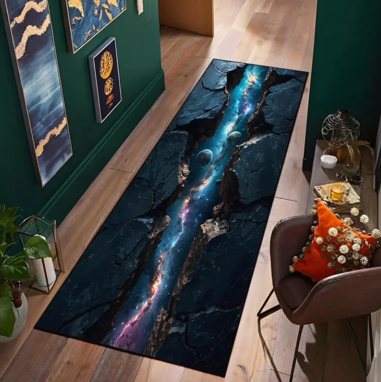 2D Space Crack Hallway Long Runner Rug Optical Illusion Galaxy Print Non Slip Washable Floor Mat Carpet for Hallway Entryway