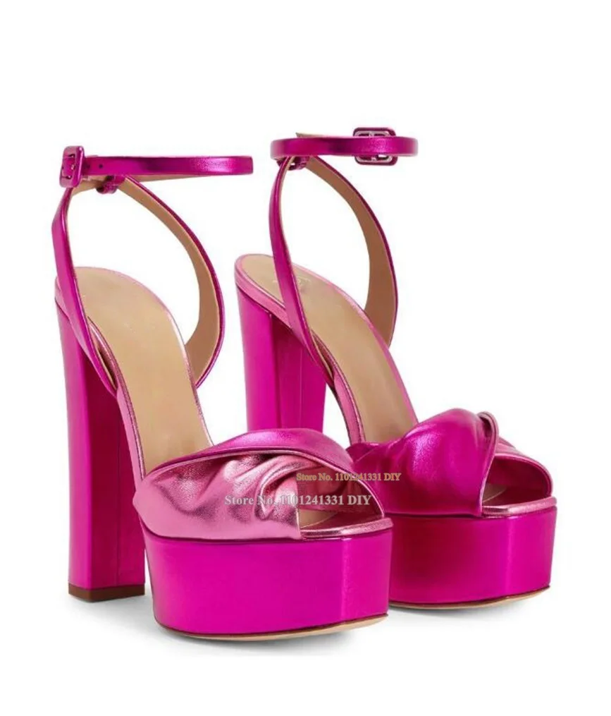 Hot Pink Double Betty Platform Metallic Peep Toe Sandals High Heel Shoes Women Open Toe Thick Platform Heeled Summer Party Shoes