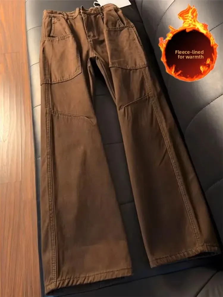 

Thiened Fce Workwear Jeans Men's Autumn Winter Straight Leg Loose Fit Thiened American Retro Sle Jeans Cargo Pants