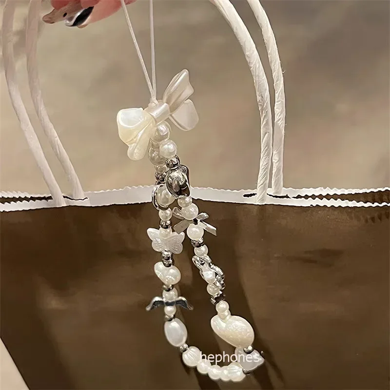 1 Piece Elegant Chic Style Phone Charm for Girl White Color Bow Butterfly Heart Short Lanyard Fashion Pendant for Earphone Bag