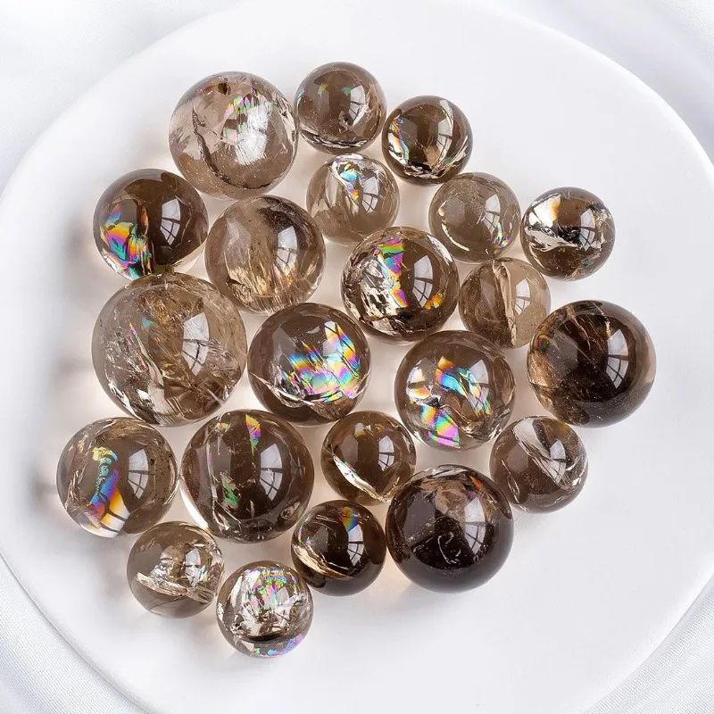 ​​​​​​​Natural Smoky Quartz Crystal Ball with Rainbow Flash Sparkle Raw Stone Seven Star Array Feng Shui Decor for Home Healing