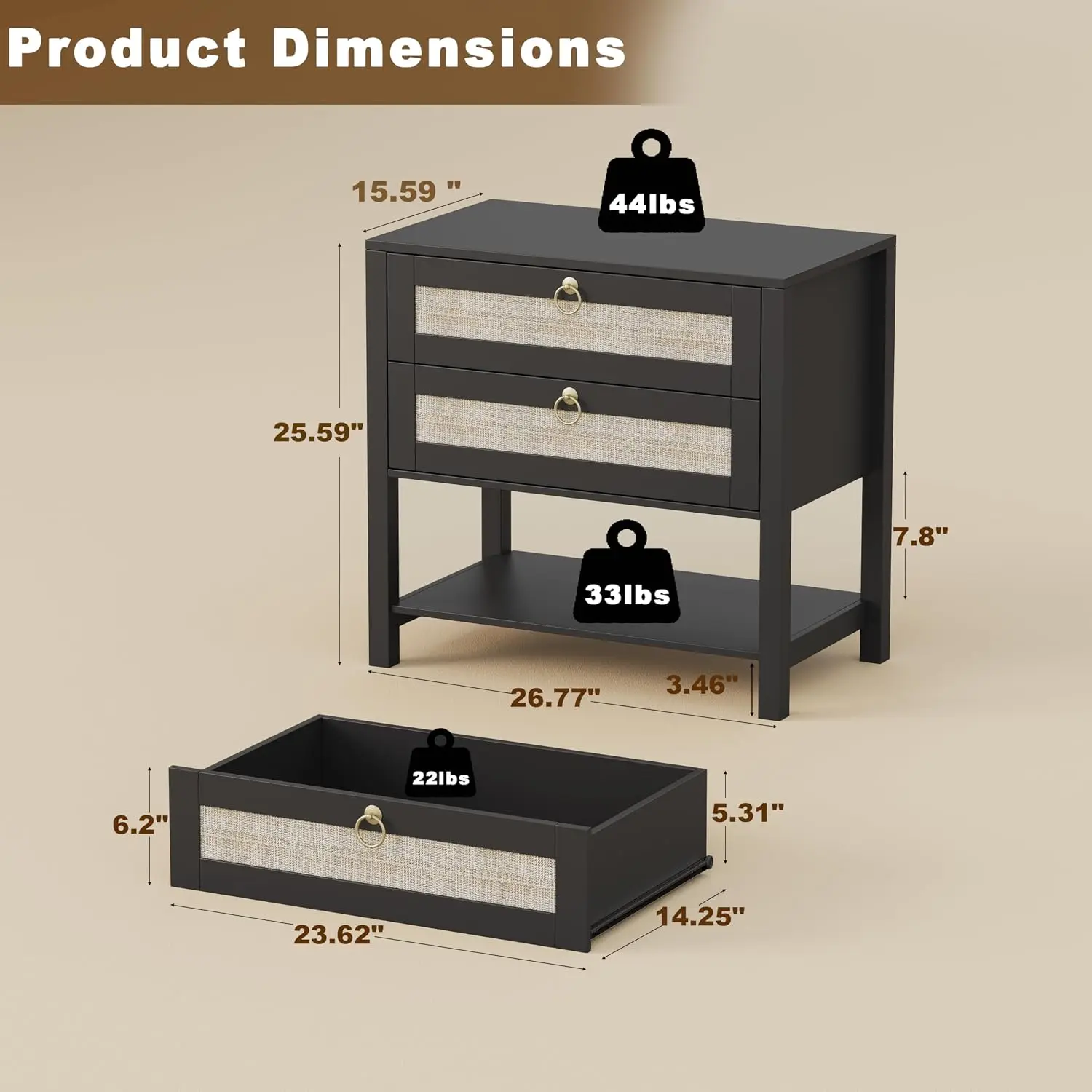 Nightstand Set of 2, Wide Night Stand Bedside Table, Rattan Boho Decor Drawer & Open Shelf, Wooden End Table for, Customized - view 2
