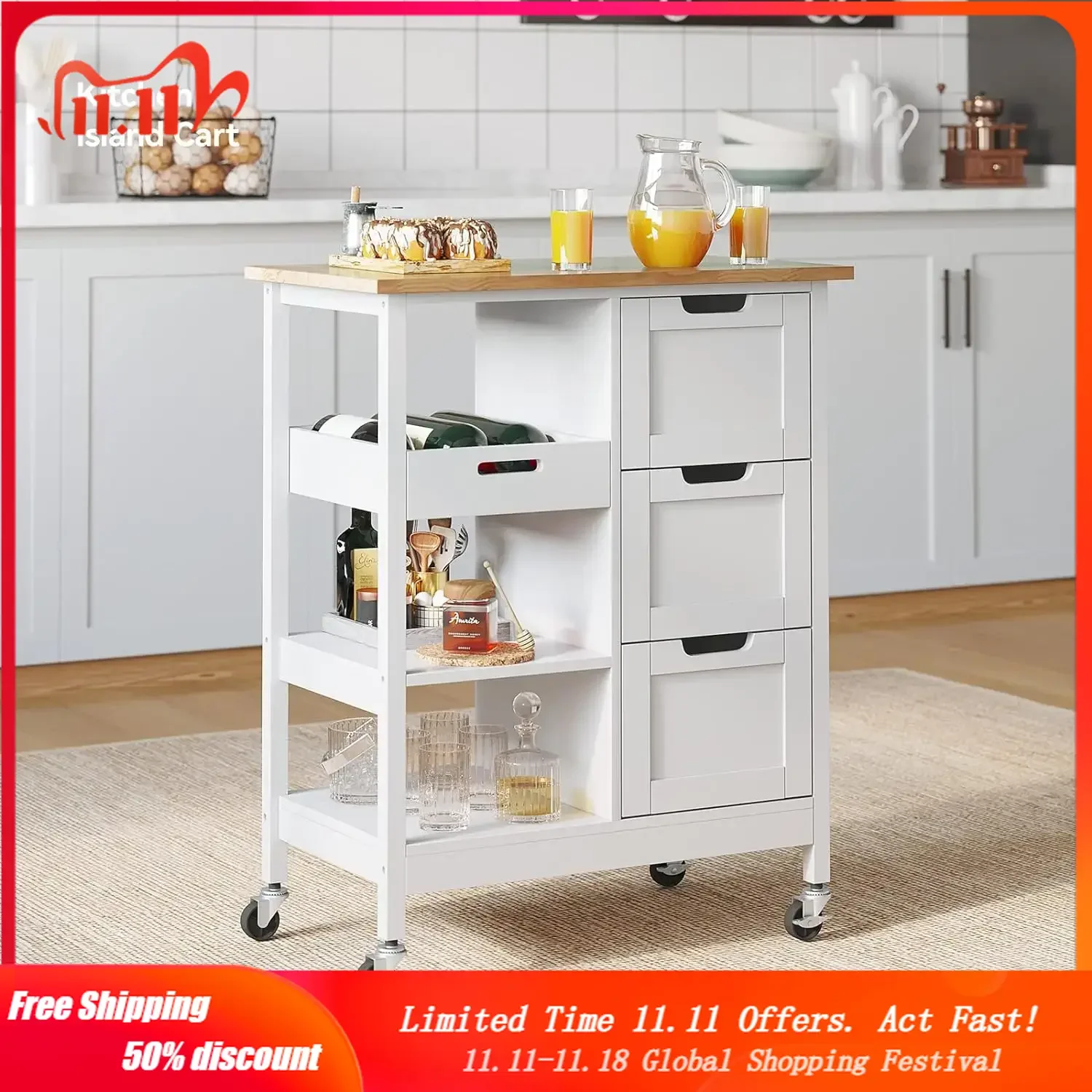 

Kitchen Island Cart on Wheels with Storage, Rolling Portable Dining Room Serving Utility Carts Mobile Movable with 3 Drawers