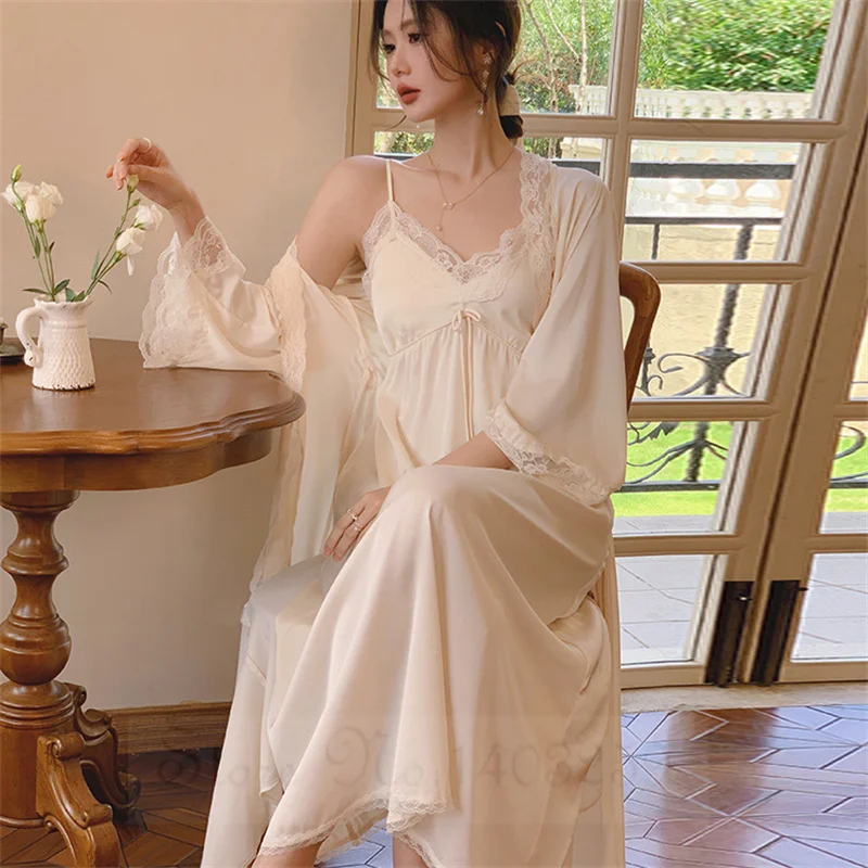 Long Bride Wedding Dress Robe Set Sexy Lace Female 2PCS Sleepwear Nightgown Satin Bathrobe Gown Casual Home Wear Loungewear