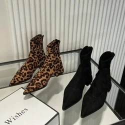 2024Zippers Fashion Pointed Toe Women Ankle Boots With Low Heel Shoes Female Leopard Print Footwear Ladies Stretch Modern Boots