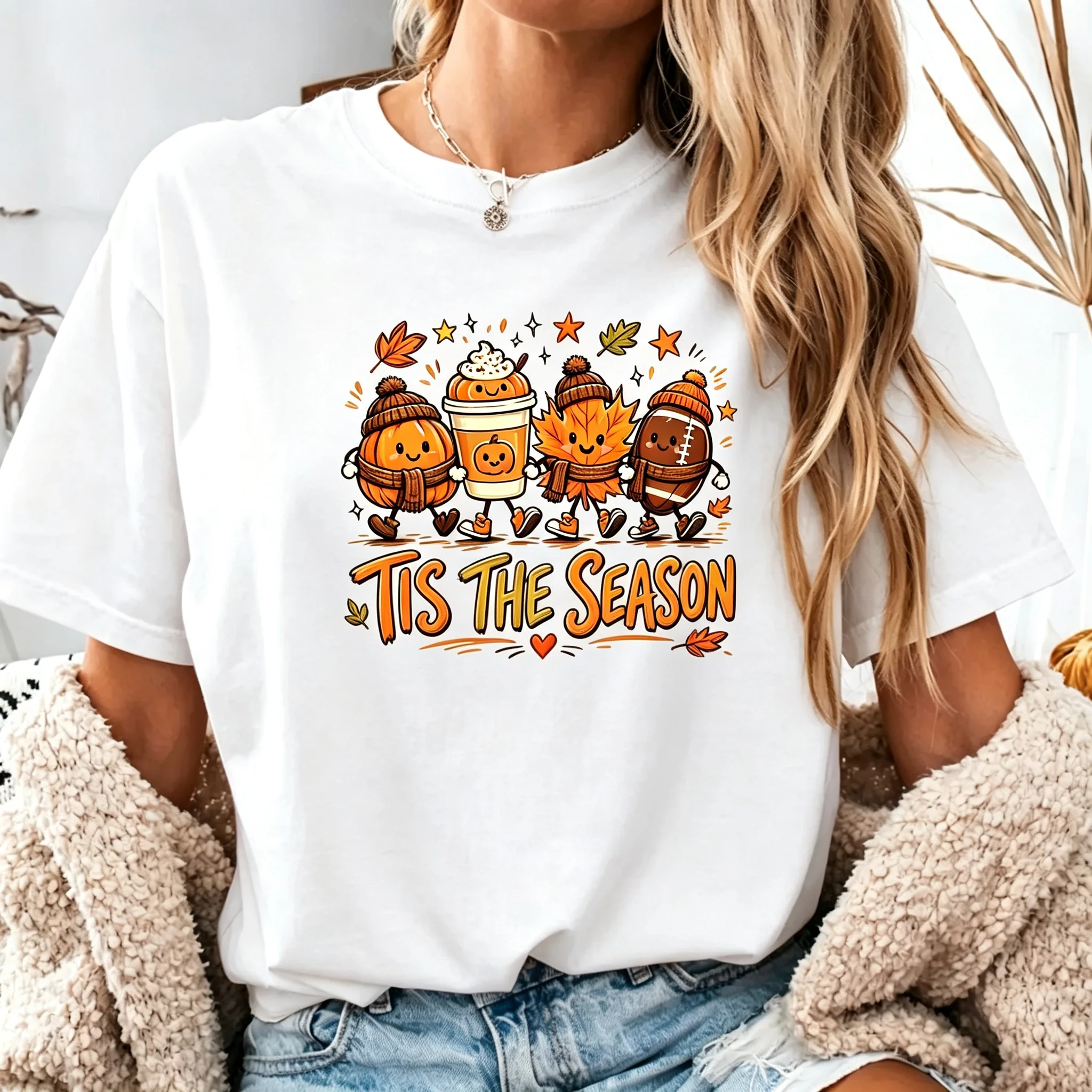 Cute Fall Pumpkin Tis The Season Graphic T-shirt Unisex Oversized Short Sleeve Autumn Coffee Maple Leaf Casual Tee