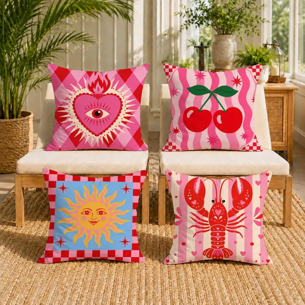 Coastal Chic Pink Red Sardine Lobster Cushion Cover Double-Sided Plush Sofa Cushion Covers Organic Breathable Invisible Zipper