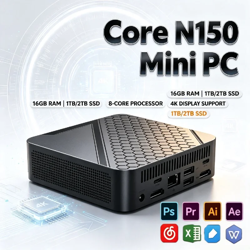 Intel N150 Portable Mini Desktop 16GB DDR4 512GB NVMe SSD Triple 4K WiFi6 BT5.2 Silent Cooling Home Office Pro Unit