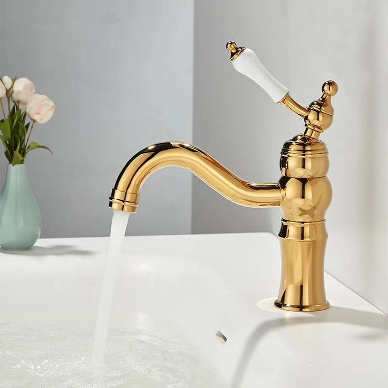 Tuqiu Chrome Basin Faucet Gold Bathroom Faucet Total Brass Cold And Hot Water Mixer Sink Tap Single Handle Deck Mounted Sink Tap