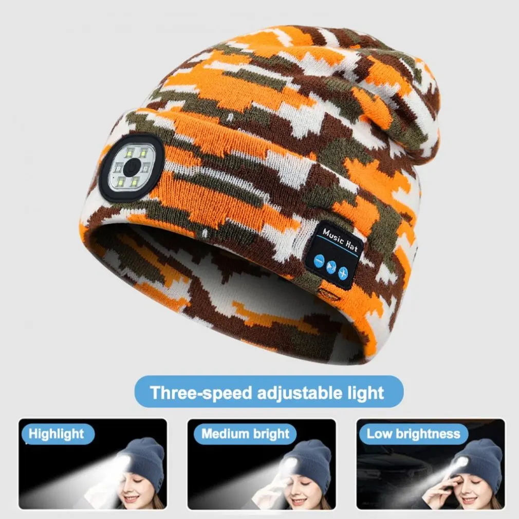 Unisex Bluetooth Beanie Hat with Light Upgraded Musical Knitted Cap with Headphone and Built-in Stereo Speakers & Mic Headlamp