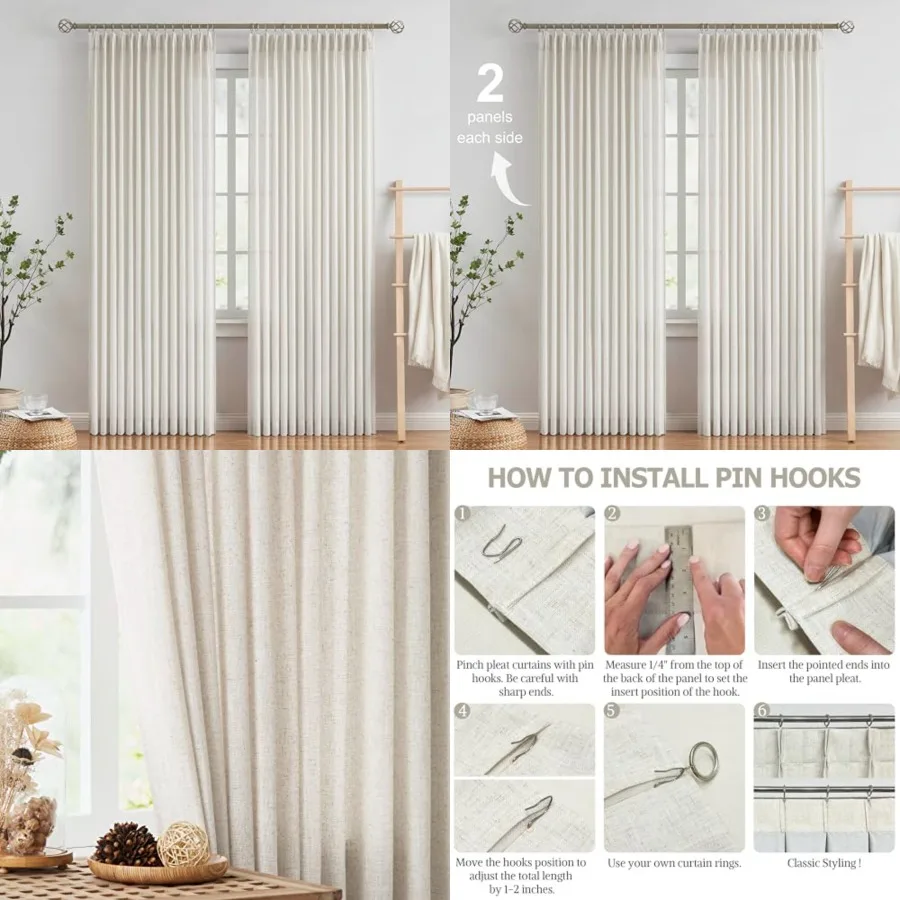 

Natural Pinch Pleated Semi Sheer Curtains Textured Linen Blended Light Filtering Window Curtains 90 inch for Living Room Bedroo