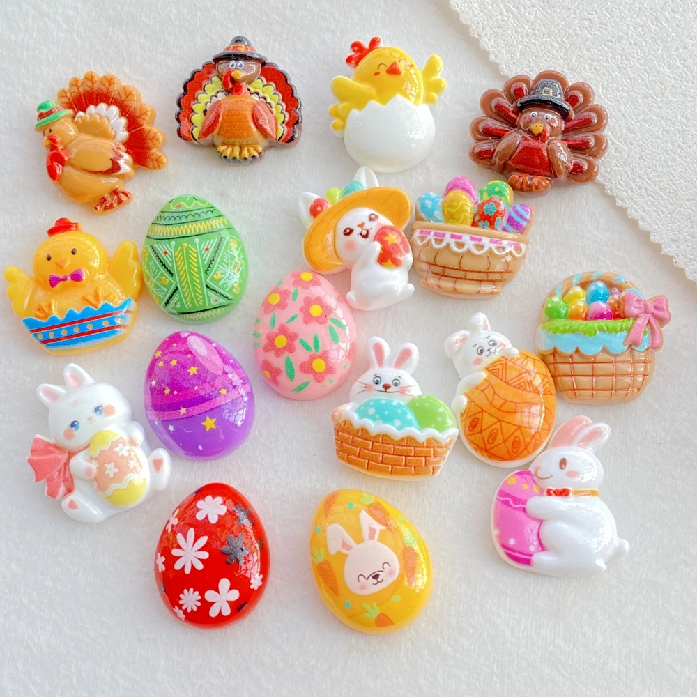 10PCS Resin Cartoon Easter Bunny Chicks Eggs Flatback Stones for DIY Jewelry Hair Bow Scrapbook Crafts Decorative Figurines