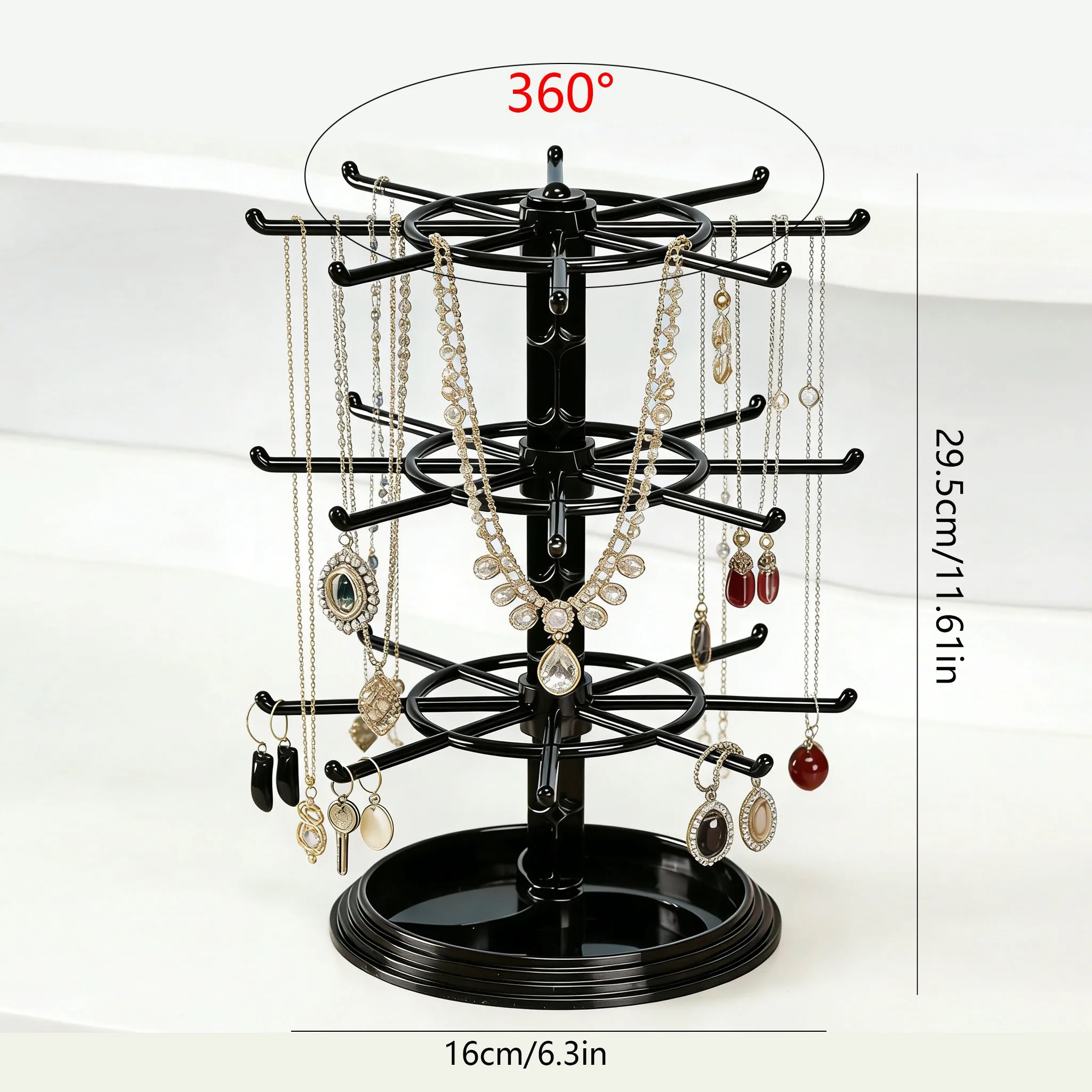 Three-Tier Rotating Jewelry Display Stand, Detachable Desktop Organizer, Keychains, Necklaces, Rings, Earrings, Hair Holder
