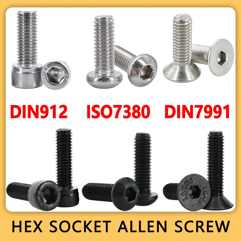 304 Stainless Steel Hex Socket Screw DIN912 Black Carbon Steel Hexagon Allen Bolt ISO7380 Metal Machine Screws DIN7991 M2 M3 M4