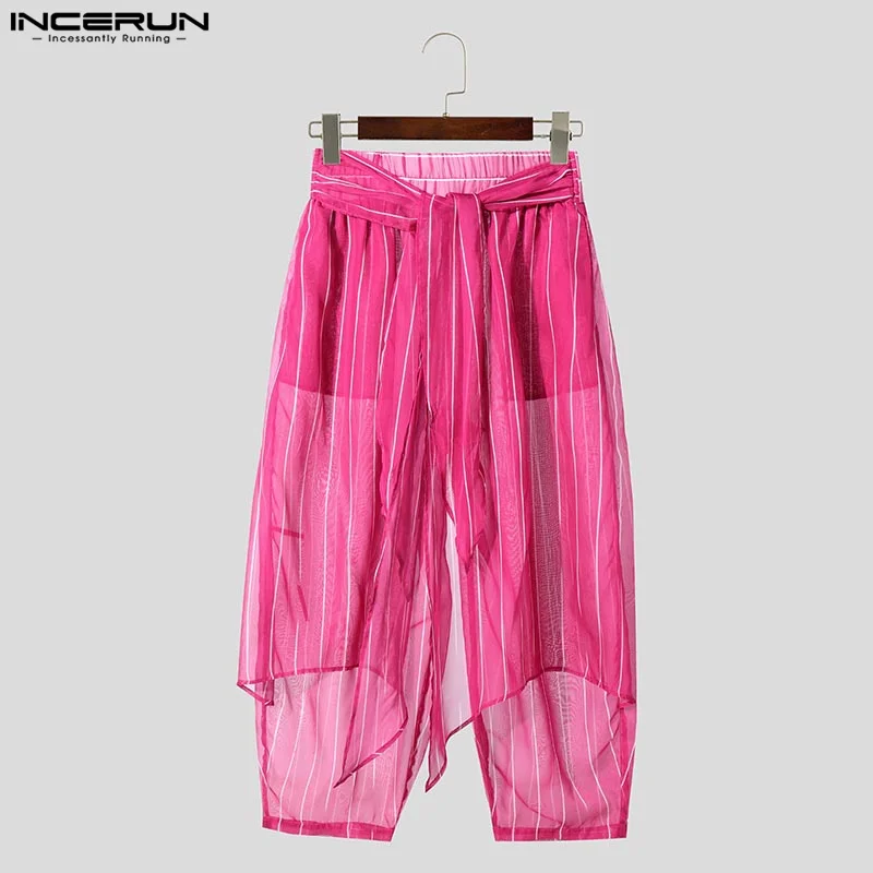 INCERUN, pantalones a rayas para hombre, pantalones para correr de gran tamaño con cintura elástica y cordones, pantalones casuales de pierna ancha, ropa de calle para hombre, pantalones irregulares 2025