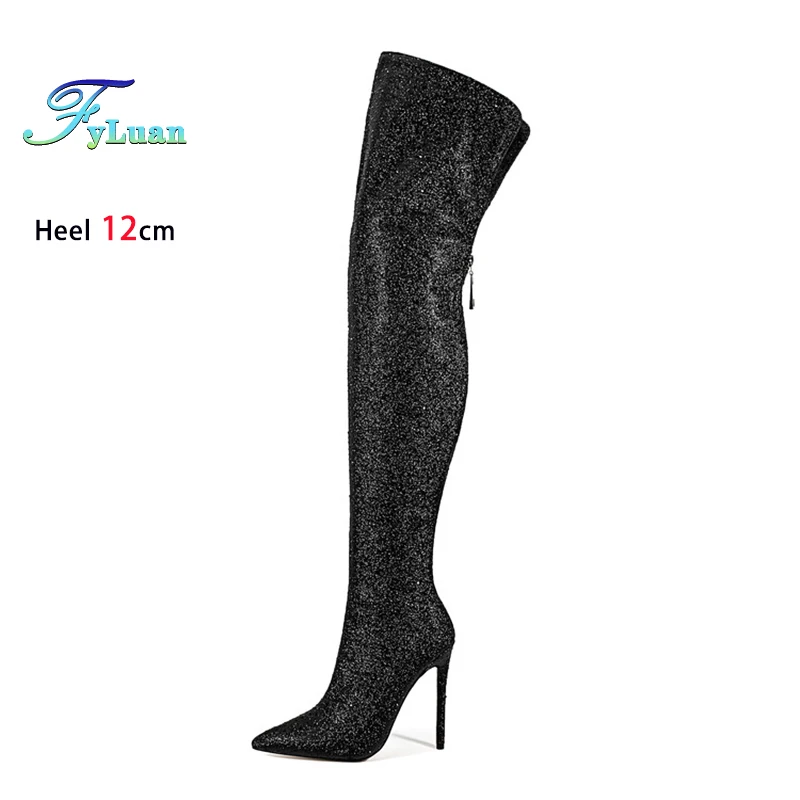 

2025 Autumn Sequin Thigh Boots For Women 12CM Thin Heels Over-the-Knee Pointy toe Boots Sexy Super high heel Glitter Party Shoes